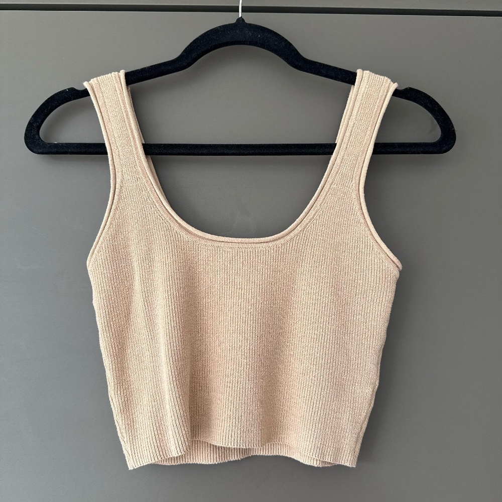 Beige Ribbed Knit Tank Top Size S Cropped